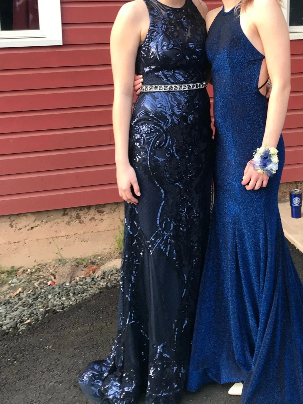 Navy Sequin Embellished Prom Gown with Beaded Waist